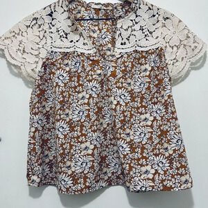 Floral Lace Trim Top - Brown